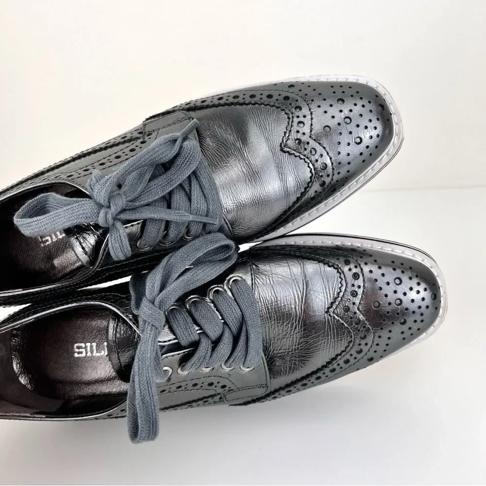 Anthropologie Silent D Metallic Platform Oxfords - Silver